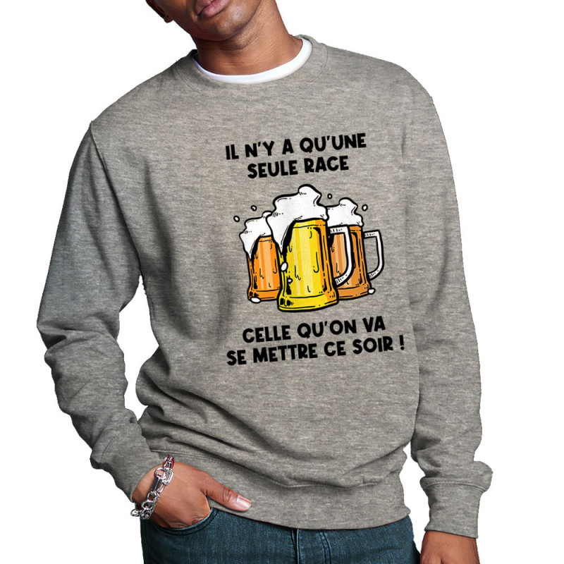 Sweat homme col rond gris chiné Une seule race (Gondrax,Alcool,Slogans Débiles)