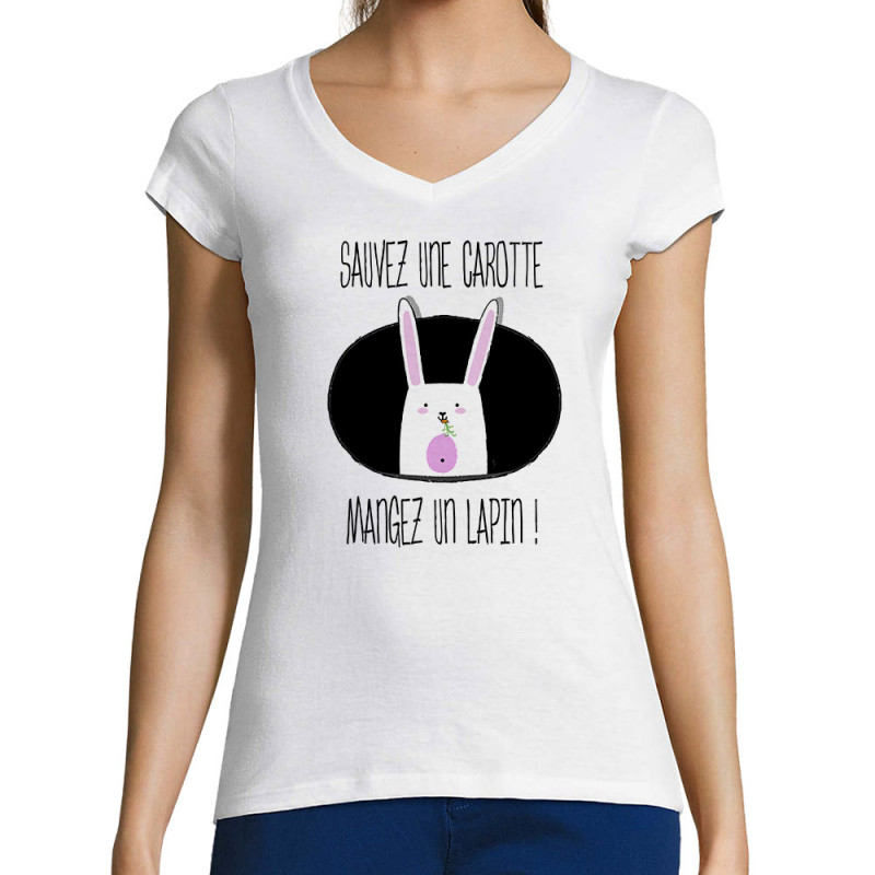 T-shirt femme col V blanc Sauvez une carotte (Gondrax,Animaux,Humour,Fruits & Légumes)