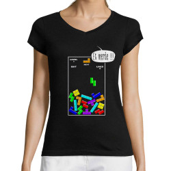 T-shirt femme col V noir Tetris Et Merde (Franck,Humour,Jeux Vidéo / Geek)