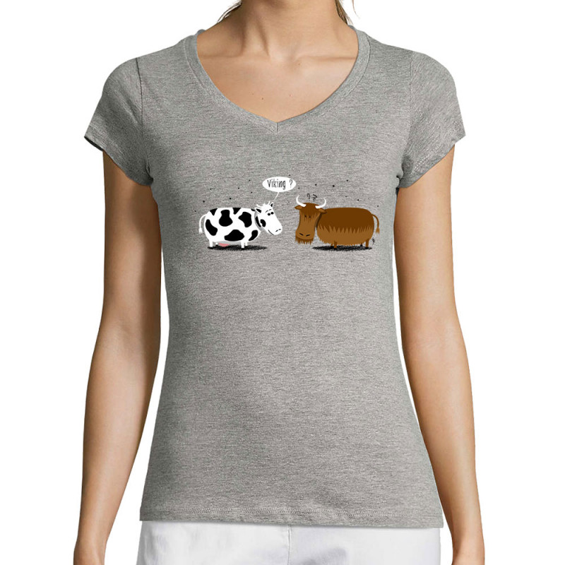 T-shirt femme col V gris chiné Viking (Gondrax,Animaux,Humour)