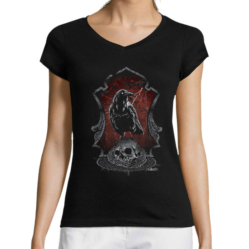 T-shirt femme col V noir Diabolik Evil Crow (Simon,Diabolik,Têtes de morts,Enfer)