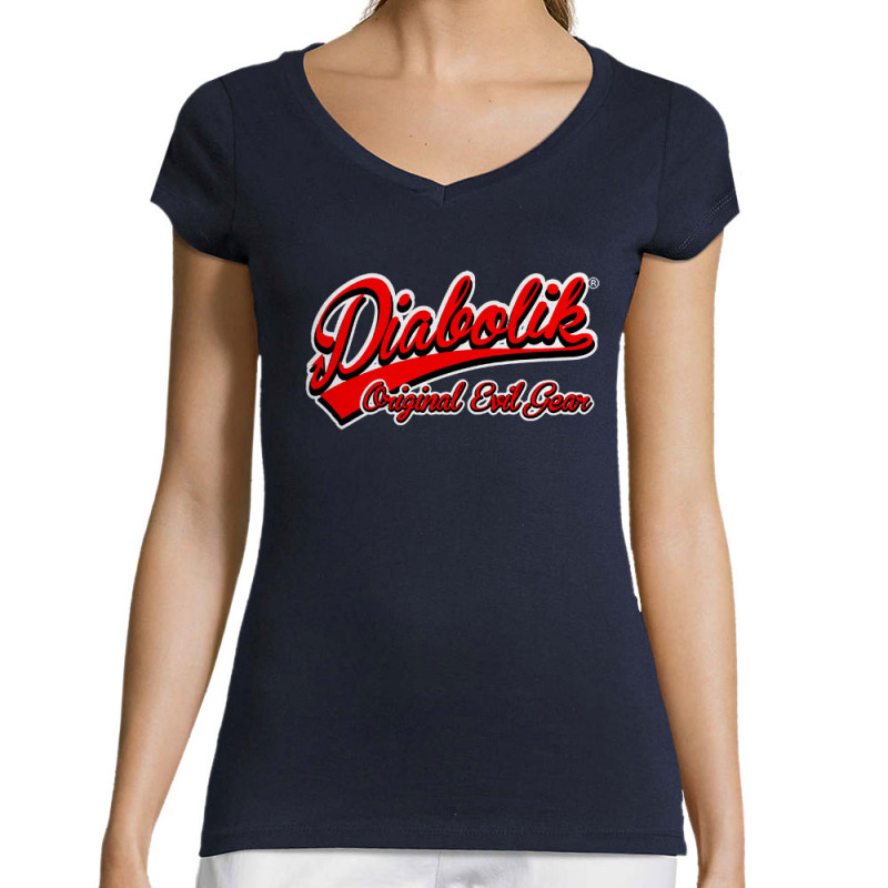 T-shirt femme col V bleu marine Diabolik - Baseball (Diabolik)