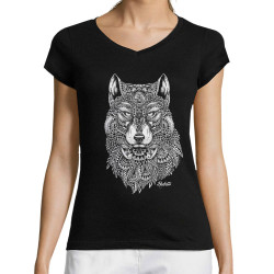 T-shirt femme col V noir Bad River - The Wolf (Taïry Greene,Bad River,Animaux)