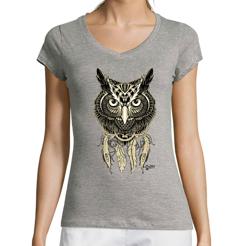 T-shirt femme col V gris chiné Bad River - Little Owl (Bad River,Animaux,Ethnique)