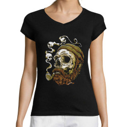 T-shirt femme col V noir Santa Muerte - Smoking Skull (Santa Muerte,Têtes de morts)