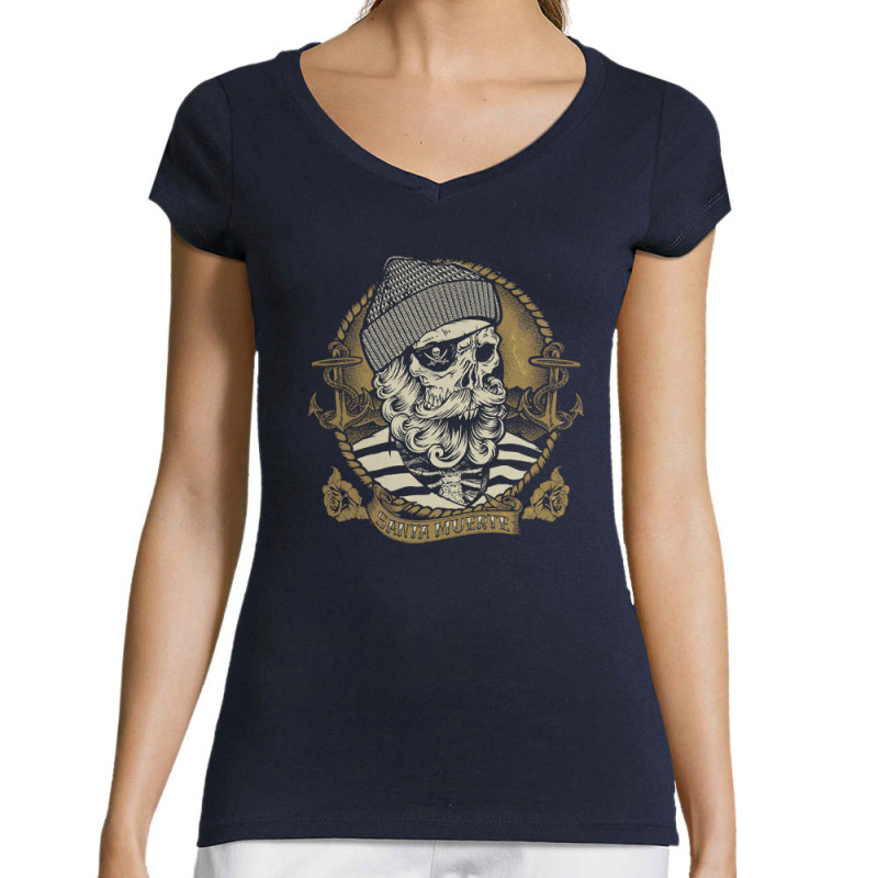 T-shirt femme col V bleu marine Santa Muerte - Dead Fisherman (Simon,Santa Muerte,Têtes de morts)