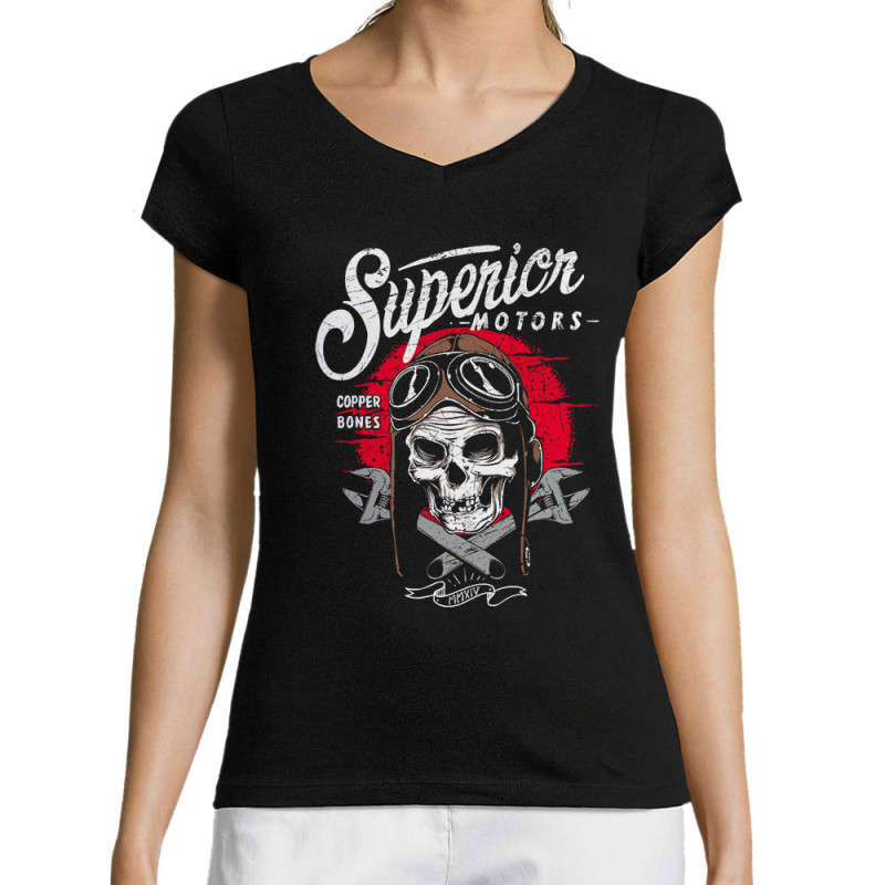 T-shirt femme col V noir Copper Bones - Superior Motors (Copper Bones,Moto,Têtes de morts)