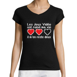 T-shirt femme col V noir Les jeux vidéo ont ruiné ma vie (Humour,Jeux Vidéo / Geek)