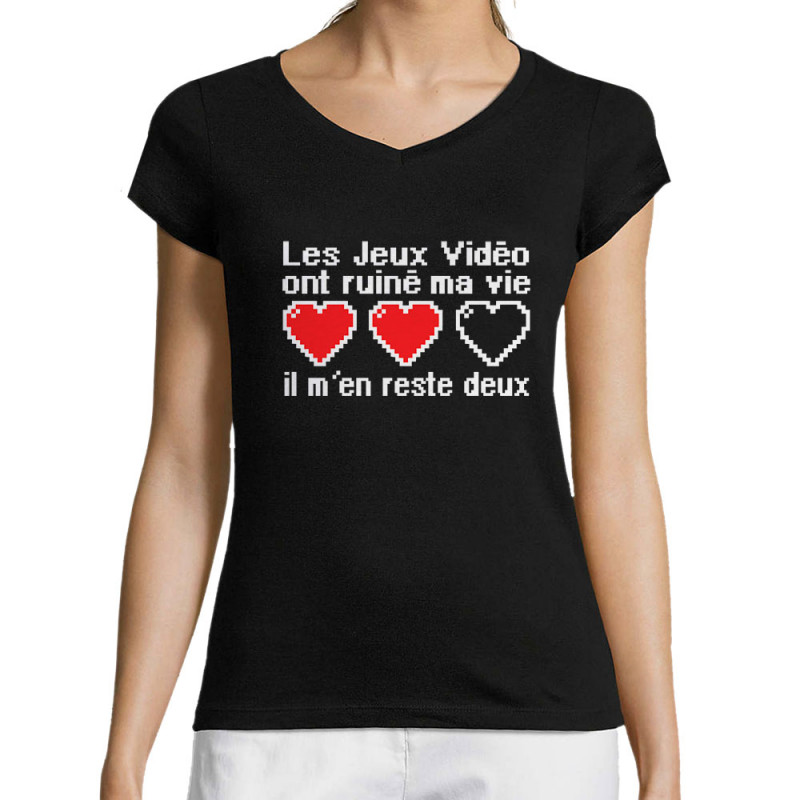 T-shirt femme col V noir Les jeux vidéo ont ruiné ma vie (Humour,Jeux Vidéo / Geek)
