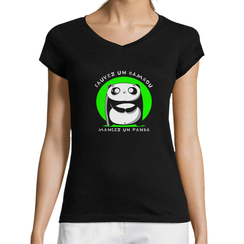 T-shirt femme col V noir Sauvez un bambou Mangez un panda (Pandaluna,Animaux,Humour,Manga Kawaï japan)