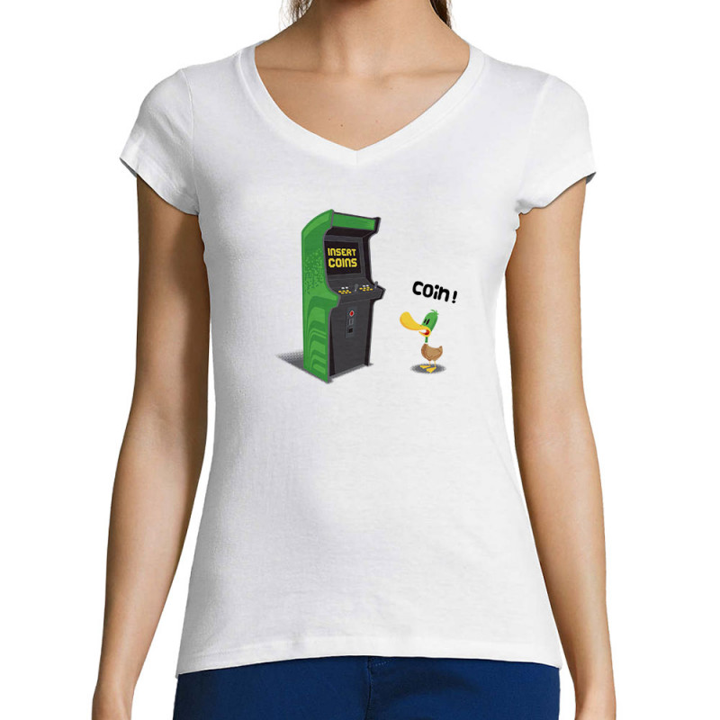 T-shirt femme col V blanc Insert Coins (Ted Boundy,Animaux,Humour,Jeux Vidéo / Geek)