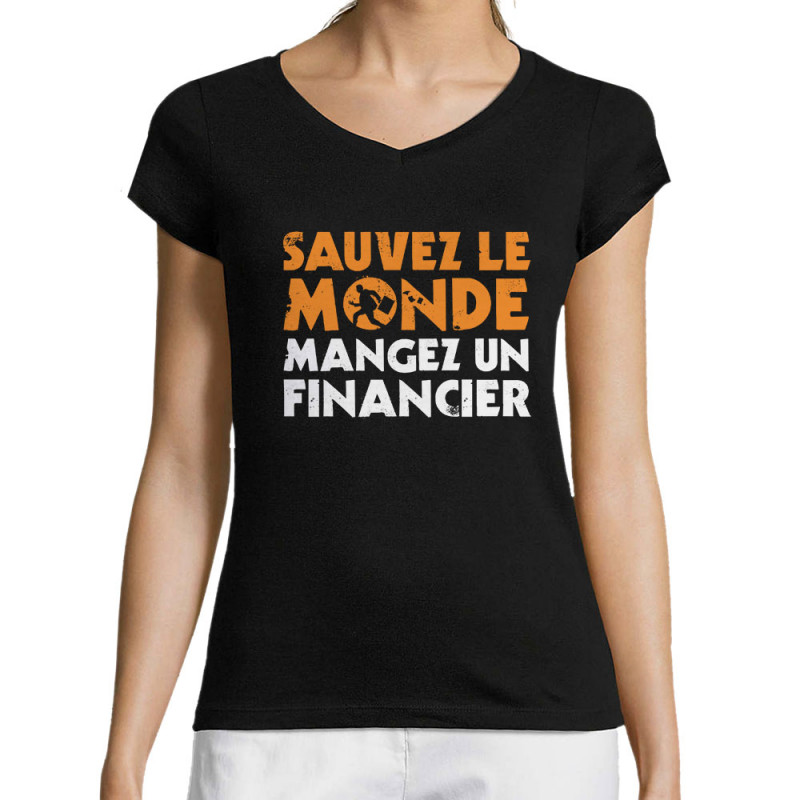 T-shirt femme col V noir Sauvez le monde (Ted Boundy,Slogans engagés,Humour)