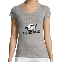 T-shirt femme col V gris chiné Ail Be Back (Ted Boundy,Fruits & Légumes,Humour)