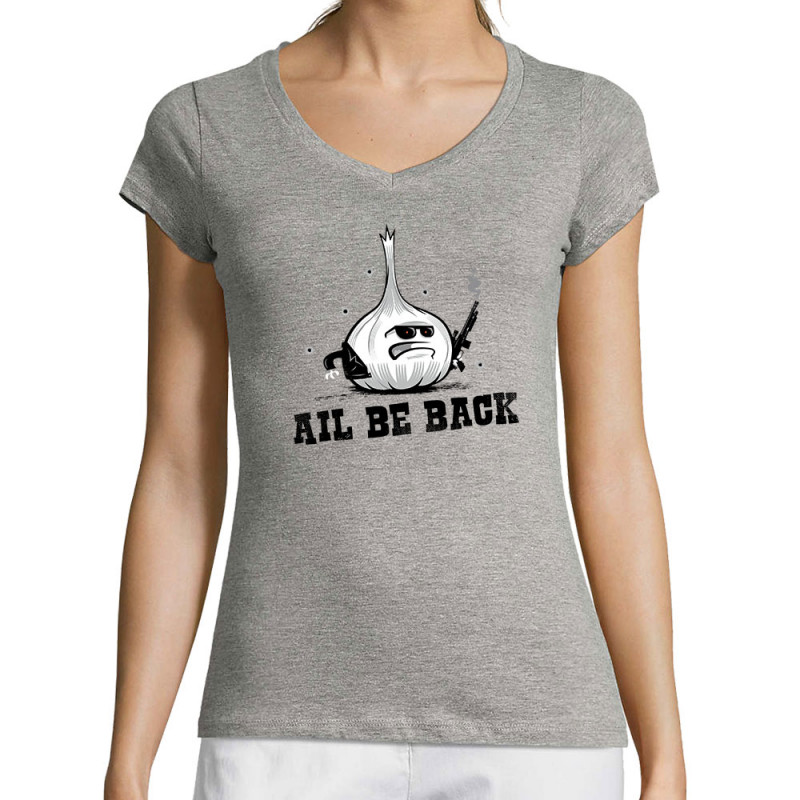 T-shirt femme col V gris chiné Ail Be Back (Ted Boundy,Fruits & Légumes,Humour)