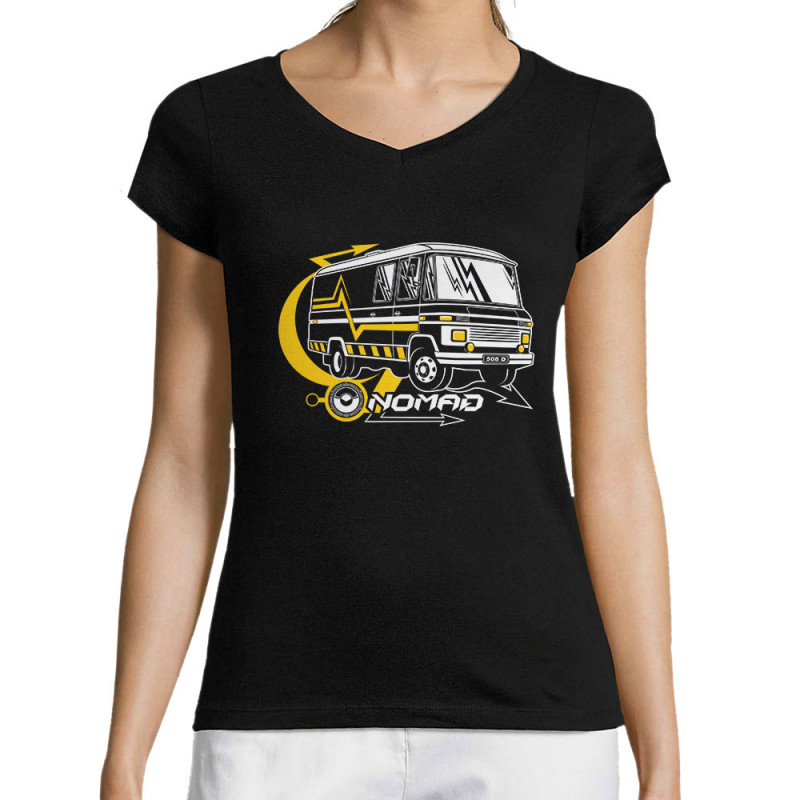 T-shirt femme col V noir Nomad (E Cone,teufeur)
