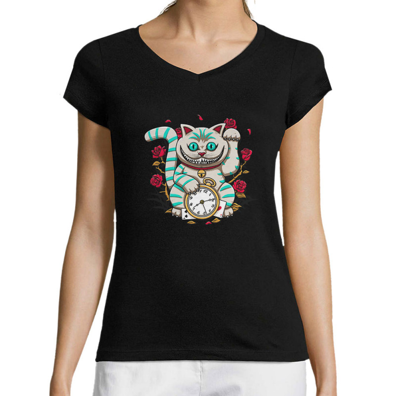 T-shirt femme col V noir Lucky Alice Cat (Le Duc,Animaux,Chats)