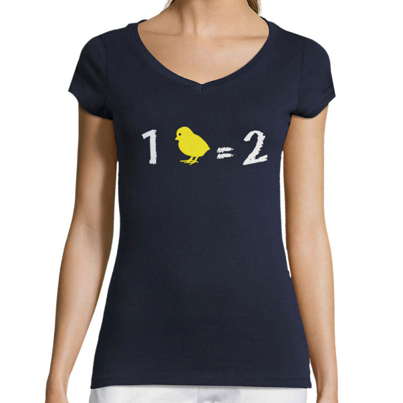 T-shirt femme col V bleu marine 1 poussin égal 2 (Franck,Animaux,Humour,Des chiffres et des lettres,Devoirs de vacances)