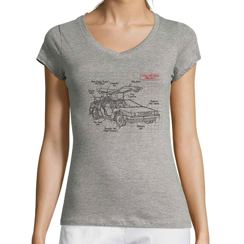 T-shirt femme col V gris chiné Dolorean Plan (Le Duc,Films/Séries)
