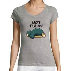 T-shirt femme col V gris chiné Not Today (Le Duc,Animaux,Humour,Chats,Manga Kawaï japan)
