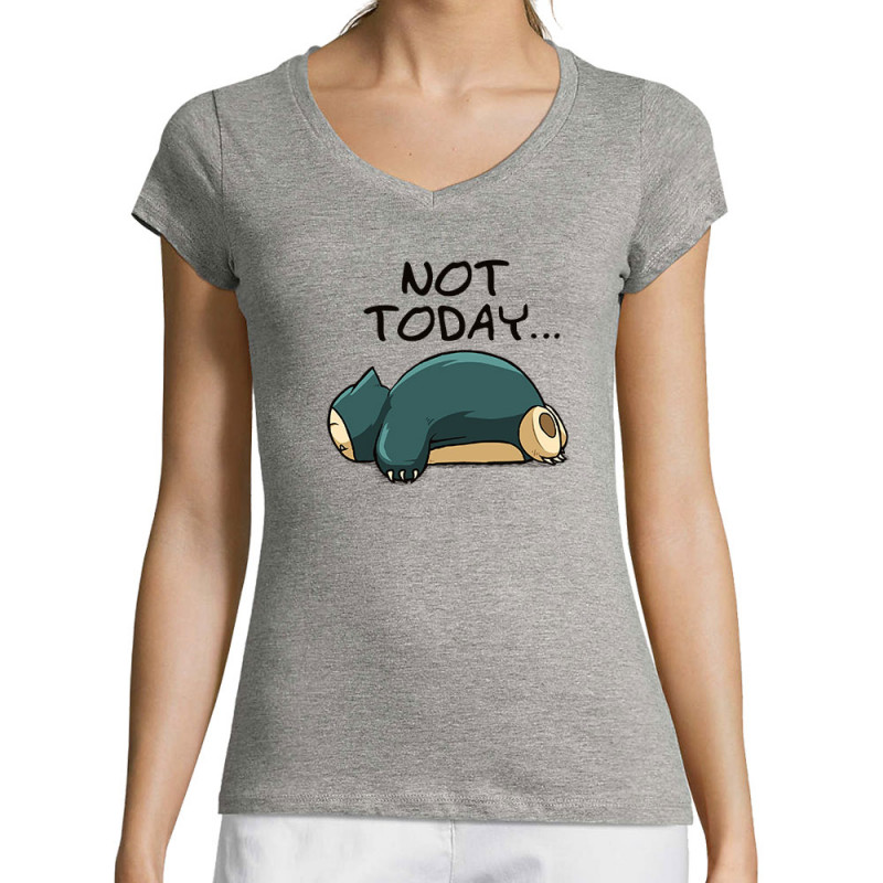 T-shirt femme col V gris chiné Not Today (Le Duc,Animaux,Humour,Chats,Manga Kawaï japan)