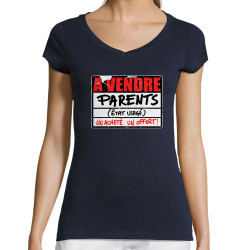 T-shirt femme col V bleu marine A vendre parents (Gondrax,Humour)