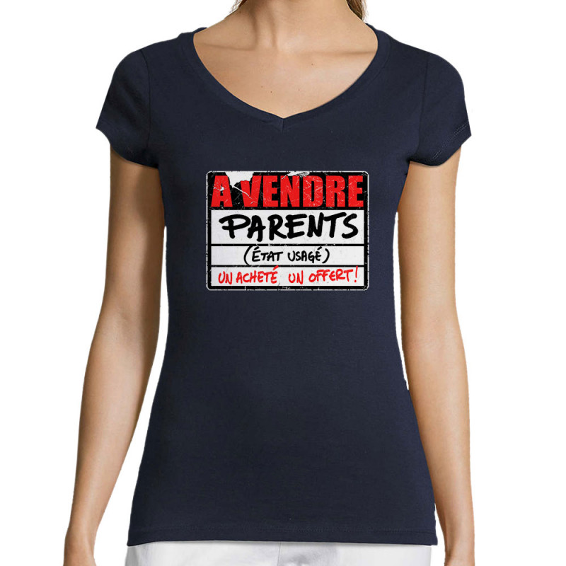 T-shirt femme col V bleu marine A vendre parents (Gondrax,Humour)