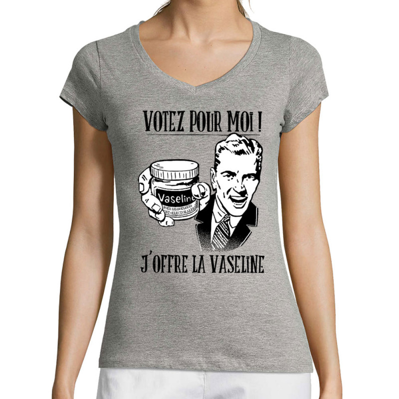 T-shirt femme col V gris chiné Votez pour moi Vaseline (Gondrax,Slogans engagés,Elections)