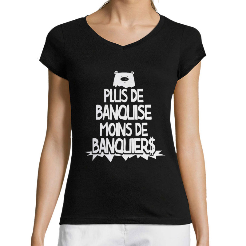 T-shirt femme col V noir Plus de banquise (Gondrax,Slogans engagés,Ecologie)