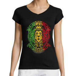 T-shirt femme col V noir Only the strong survive (Animaux,Reggae)