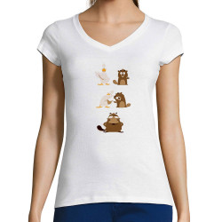 T-shirt femme col V blanc Fusion (Pandaluna,Animaux,Humour,Manga Kawaï japan)