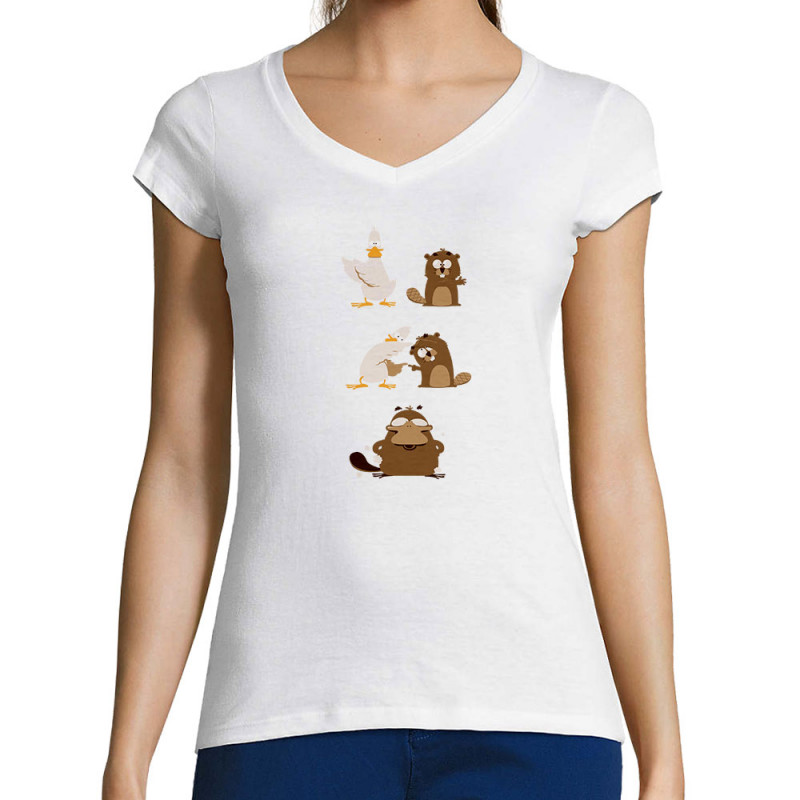 T-shirt femme col V blanc Fusion (Pandaluna,Animaux,Humour,Manga Kawaï japan)