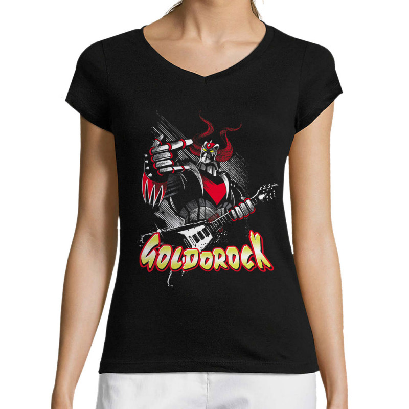 T-shirt femme col V noir Goldorock (Simon,Gondrax,Films/Séries,Rock & Punk,Enfer,Manga Kawaï japan,Détournements)