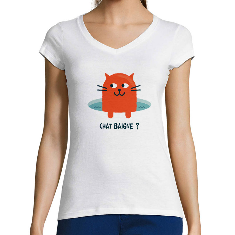 T-shirt femme col V blanc Chat baigne ? (Alex Kidd,Animaux,Humour,Chats)