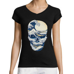 T-shirt femme col V noir Hokusai Wave Skull (Têtes de morts,Amazon,Hokusaï,Musée)