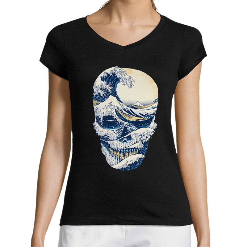 T-shirt femme col V noir Hokusai Wave Skull (Têtes de morts,Amazon,Hokusaï,Musée)