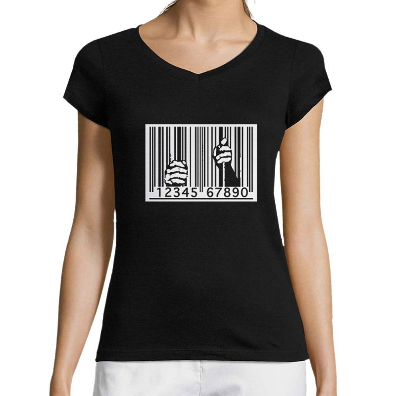 T-shirt femme col V noir Code barre prison (Slogans engagés)
