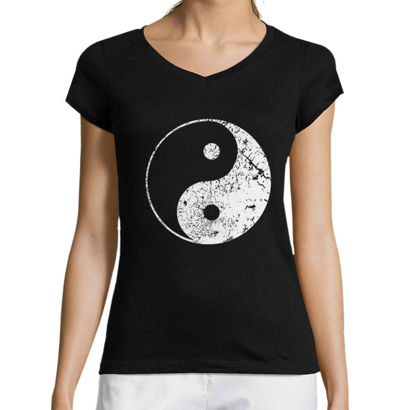T-shirt femme col V noir Ying Yang (Ethnique)