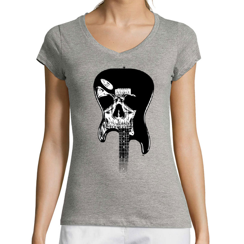 T-shirt femme col V gris chiné Dead Guitar (Rock & Punk,Têtes de morts)