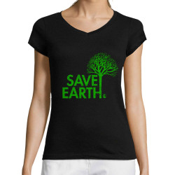T-shirt femme col V noir Save Earth (Ecologie)