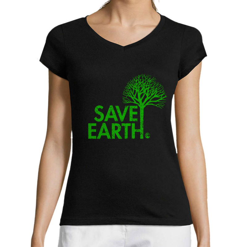T-shirt femme col V noir Save Earth (Ecologie)