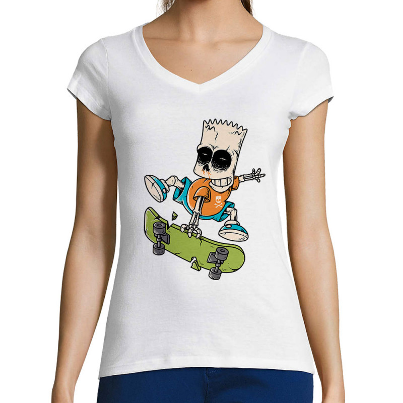 T-shirt femme col V blanc Simpskull Skate (Films/Séries,Skate)