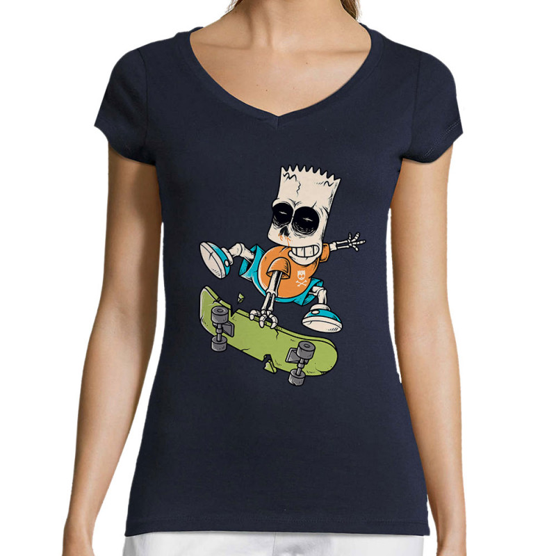 T-shirt femme col V bleu marine Simpskull Skate (Films/Séries,Skate)