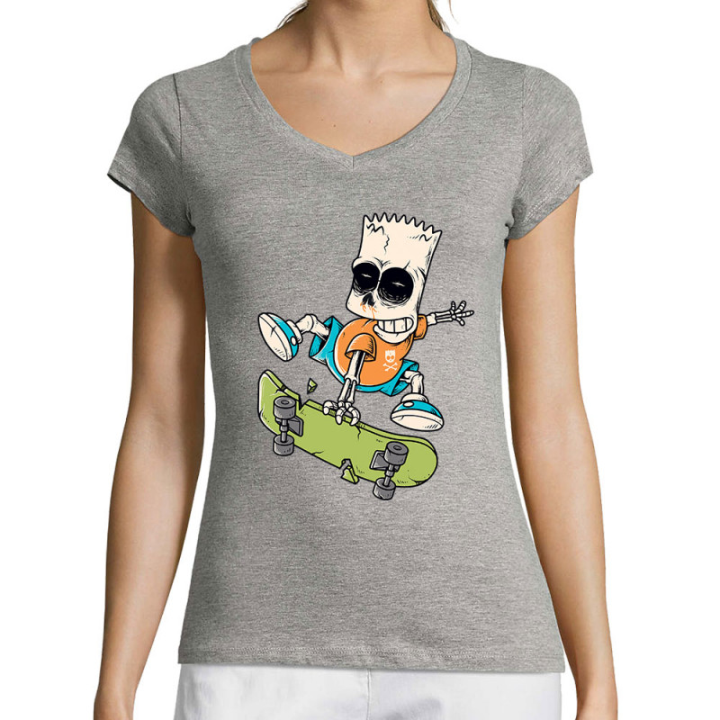 T-shirt femme col V gris chiné Simpskull Skate (Films/Séries,Skate)