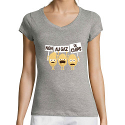 T-shirt femme col V gris chiné Non au gaz de chips (Alex Kidd,Humour,Fruits & Légumes)