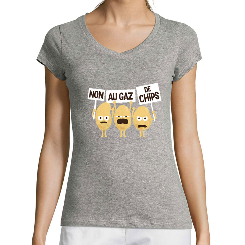 T-shirt femme col V gris chiné Non au gaz de chips (Alex Kidd,Humour,Fruits & Légumes)