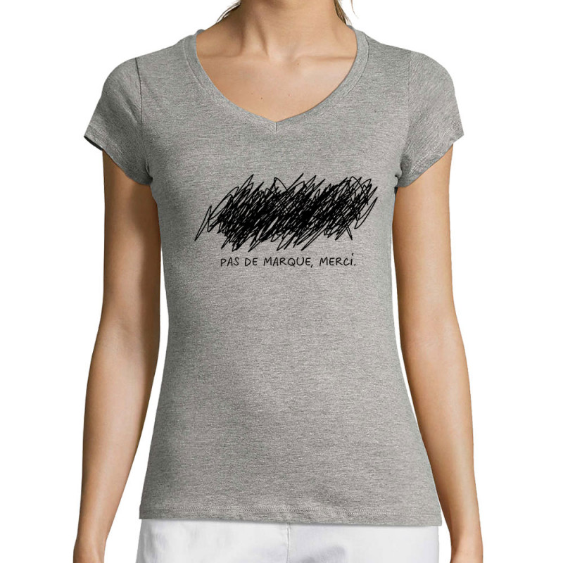 T-shirt femme col V gris chiné Pas de marque merci (Slogans Débiles,Humour)