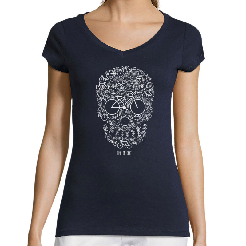 T-shirt femme col V bleu marine Bike or Death (Caffein Art,Ecologie,Têtes de morts,Vélo)