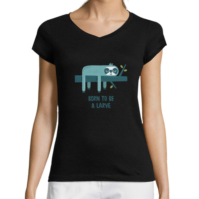 T-shirt femme col V noir Born to be a Larve (Alex Kidd,Animaux,Humour,Paresse)