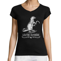T-shirt femme col V noir Loutre Ouvrière (Gondrax,Les Bébêtes,Animaux,Humour)