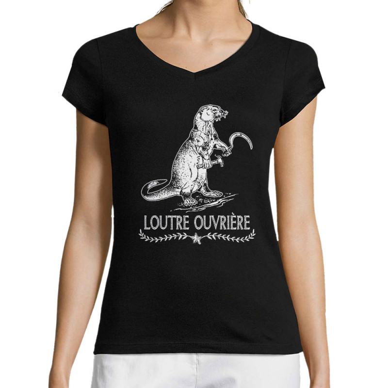 T-shirt femme col V noir Loutre Ouvrière (Gondrax,Les Bébêtes,Animaux,Humour)